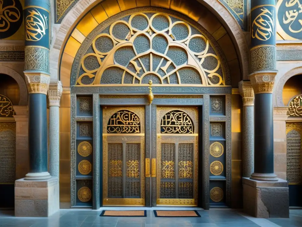 Detalles intrincados y caligrafía en las majestuosas puertas de Hagia Sophia, símbolos trascendencia arquitectura sagrada