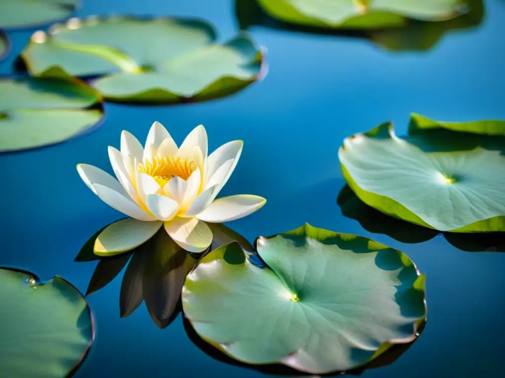 Detalles intrincados de flor de loto en estanque, reflejando cielo azul