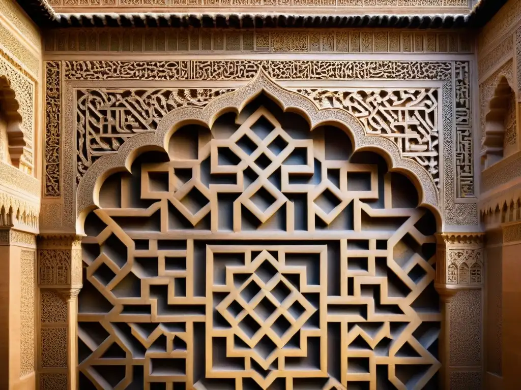 Detalles intrincados de inscripciones árabes en la Alhambra, revelando mensajes cifrados en la arquitectura