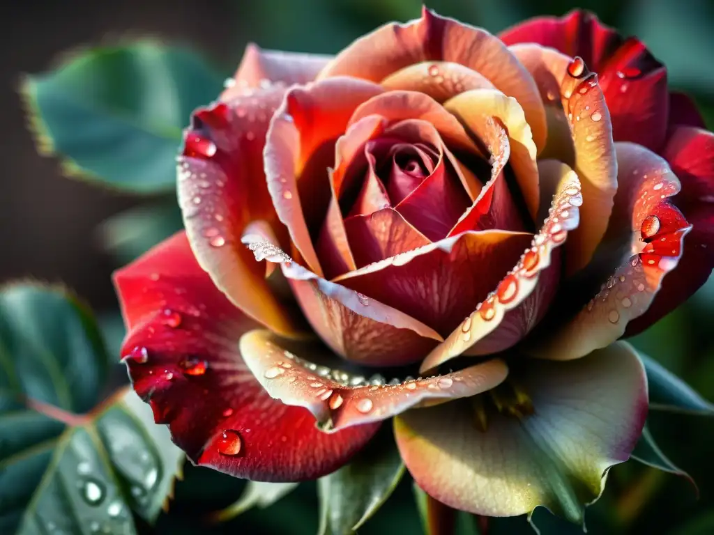 Detalles intrincados de una rosa roja en flor, con colores vibrantes, gotas de rocío y luz suave