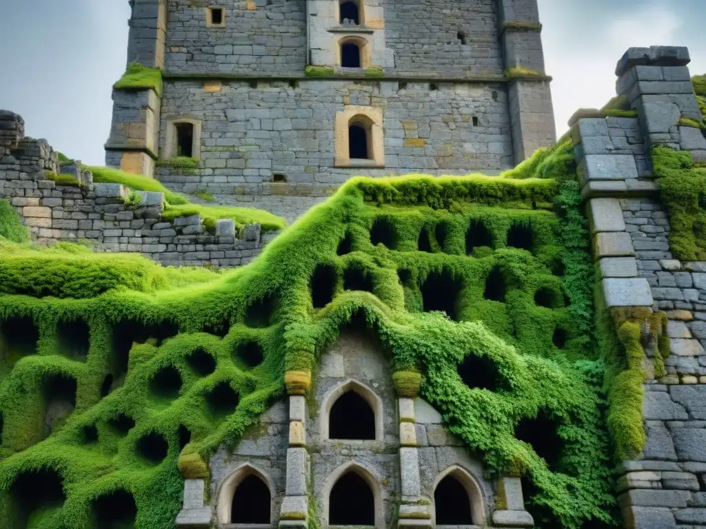 Detalles intrincados de una torre de piedra en ruinas cubierta de musgo, con tonos verdes vibrantes contrastando con las piedras grises desgastadas