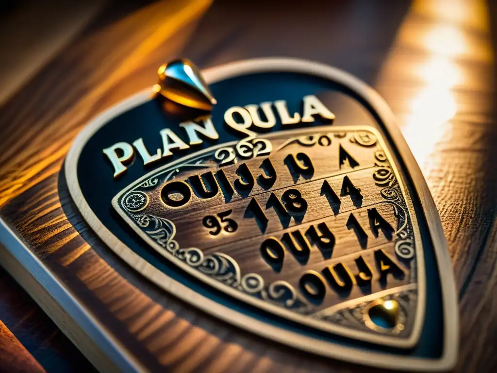 Detalles místicos: planchette mensajes espirituales funciona en Ouija board, iluminados por luz suave