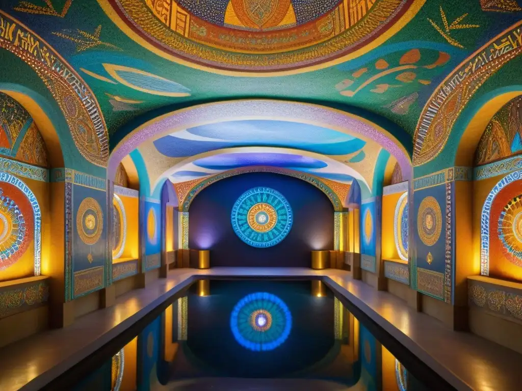 Detalles y murales coloridos de las Sociedades secretas influencia mundo moderno en los Templos de la Humanidad en Damanhur