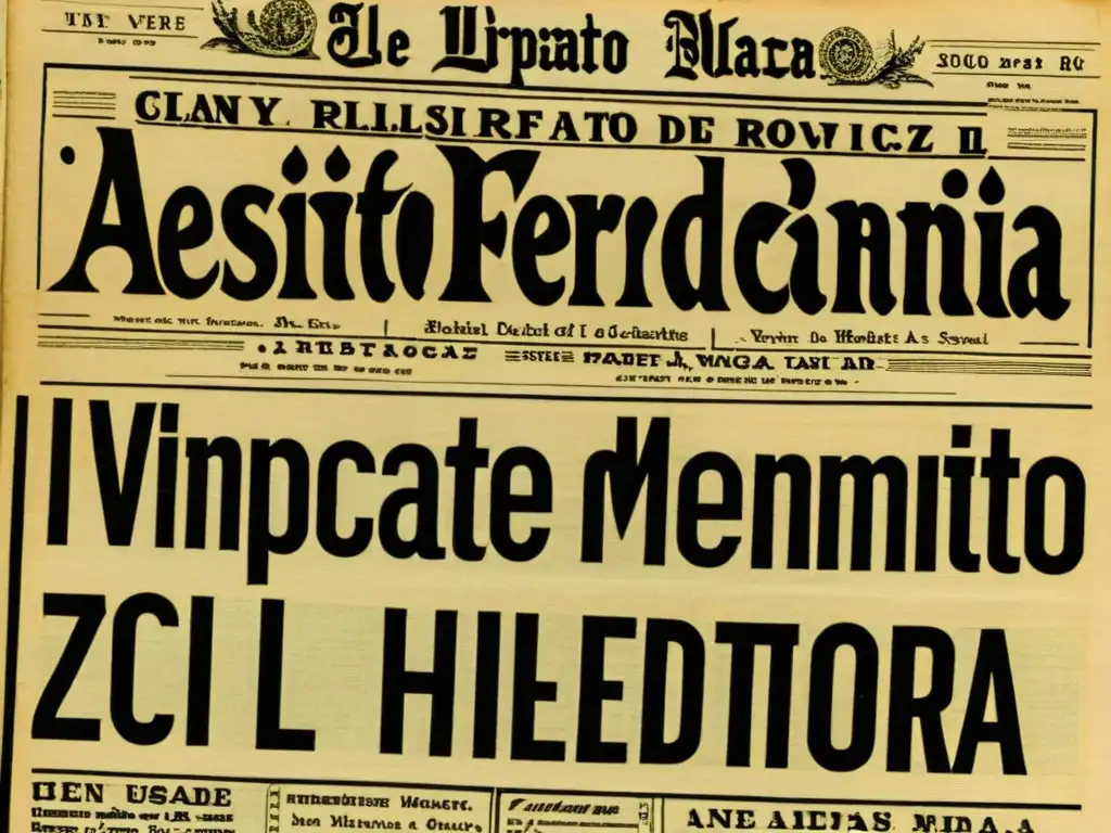 Detalles de un periódico antiguo con el titular 'Mano Negra asesinato Franz Ferdinand', rememorando historia y misterio