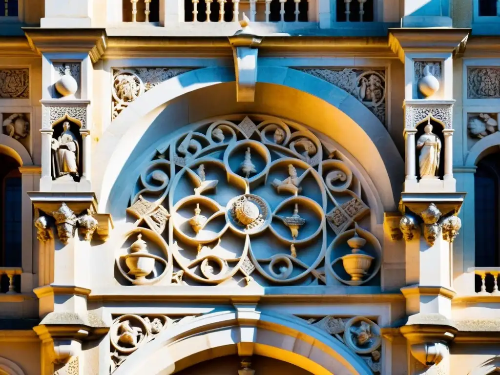 Detalles en piedra de la Universidad de Coimbra en Portugal, revelando la simbología universitaria antigua y misteriosa