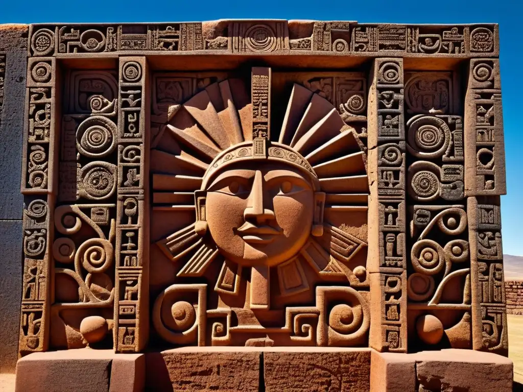 Detalles sagrados: Puerta del Sol en Tiwanaku con símbolos trascendentes de arquitectura precolombina