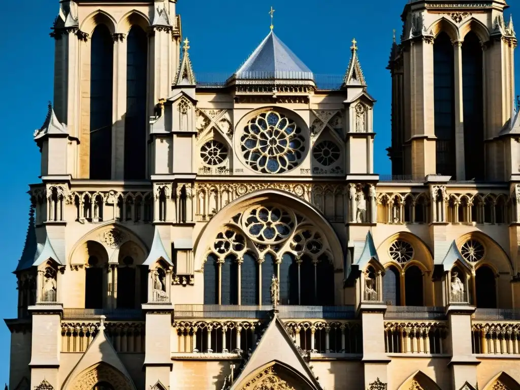 Detalles del simbolismo oculto de la Catedral de Notre Dame en la luz y sombra del atardecer