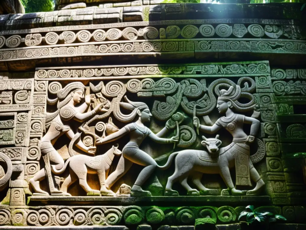 Detalles de los símbolos esotéricos en el templo maya de Palenque, entre la selva