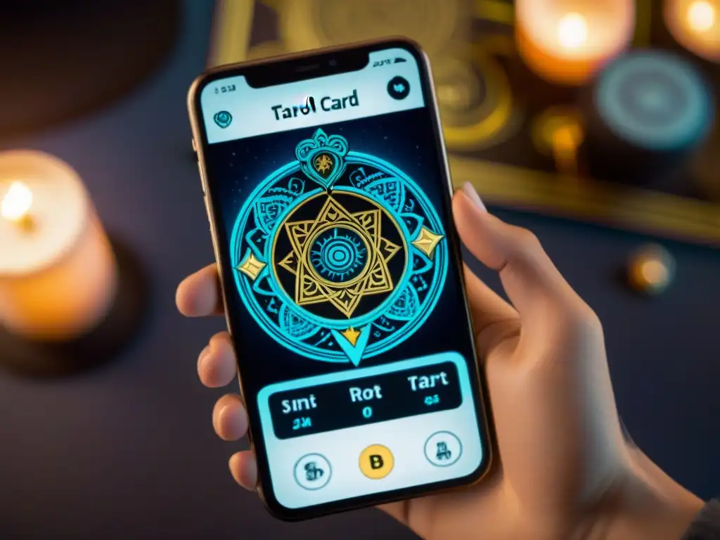 Detalles del Tarot digital en pantalla de smartphone, fusionando tecnología y misticismo