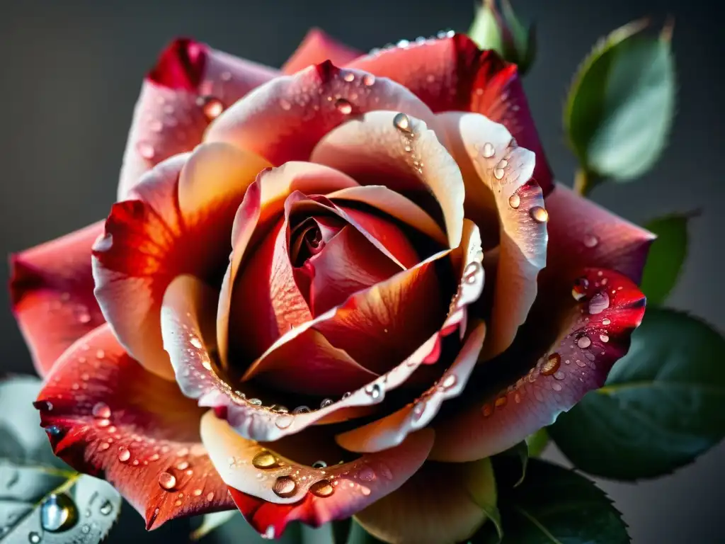 Detalles de una rosa roja vibrante con delicadas gotas de agua, mostrando su textura aterciopelada bajo una suave iluminación natural