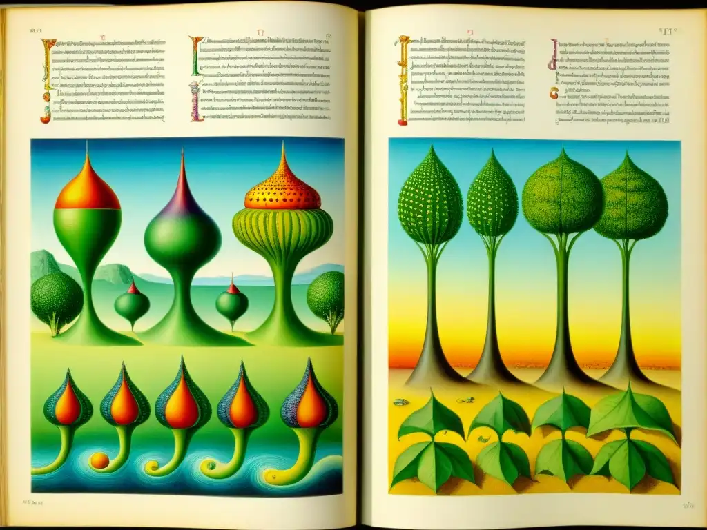 Detalles vibrantes de criaturas y plantas surrealistas en el Codex Seraphinianus, revelando un significado oculto fascinante