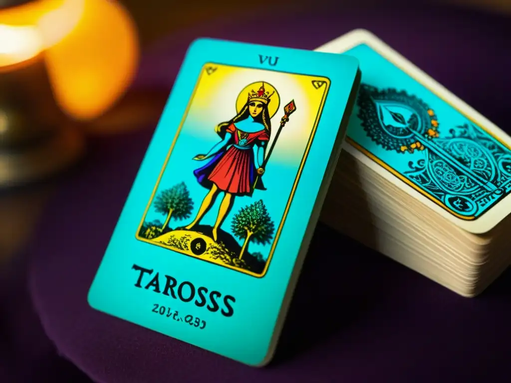 Detalles vibrantes de un mazo de tarot desgastado, con cartas como El Loco y La Sacerdotisa, evocando misterio y sabiduría