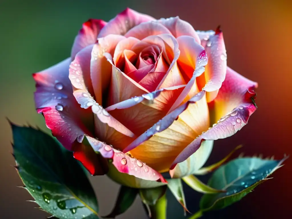 Detalles vibrantes de una rosa en plena floración, con pétalos delicados, espinas y gotas de rocío, bajo la luz matutina