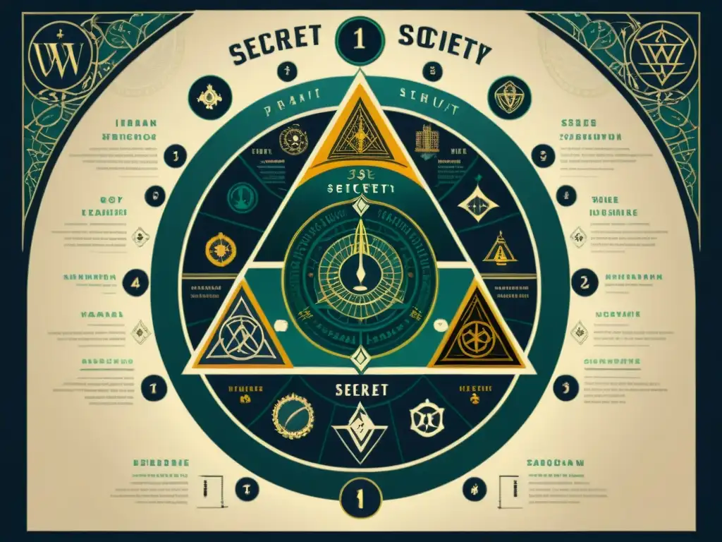 Diagrama detallado de la estructura jerárquica de una sociedad secreta, con símbolos y niveles interconectados