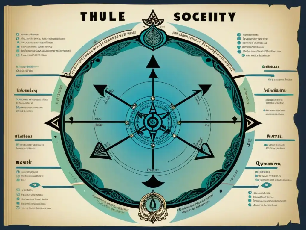 Diagrama detallado de la estructura organizativa de la Sociedad Thule, con símbolos místicos y diseño intrincado