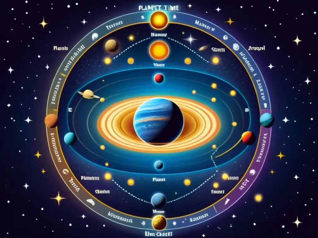 Diagrama detallado de planetas alineados en casas astrológicas, con símbolos únicos, conectados por líneas en un cielo estrellado