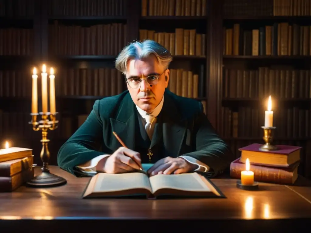 William Butler Yeats escribiendo en un diario rodeado de libros antiguos en una atmósfera misteriosa