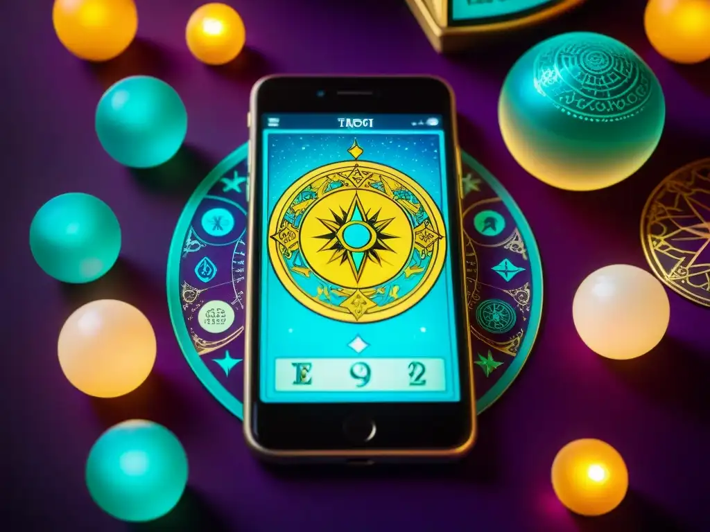 Una revolución tarot digital aplicaciones: un místico y vibrante diseño de tarot en una interfaz de smartphone