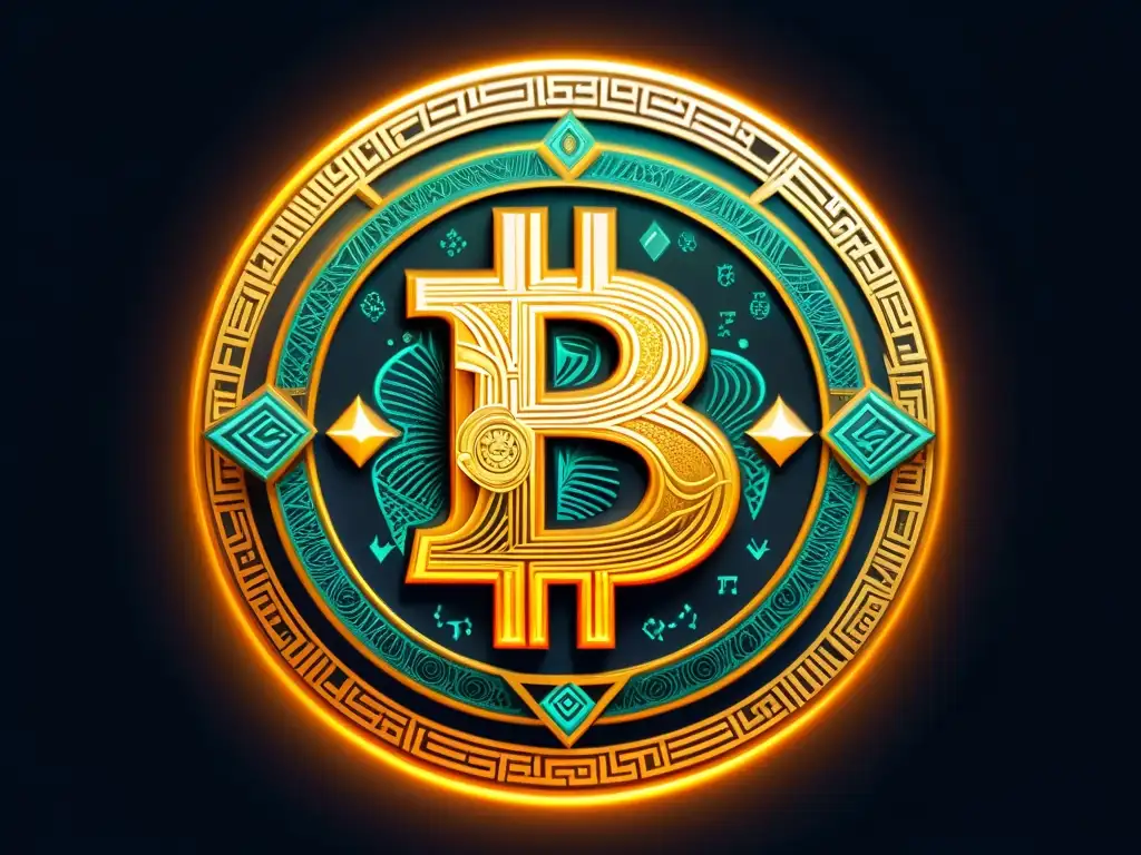 Ilustración digital detallada del logo de Bitcoin con elementos esotéricos