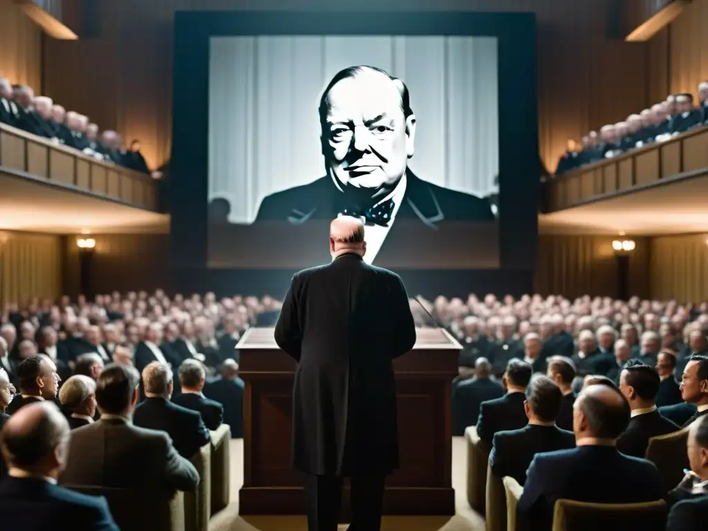 Winston Churchill entregando un discurso mientras una figura sombría se desvanece en la oscuridad, insinuando la conexión con Illuminati