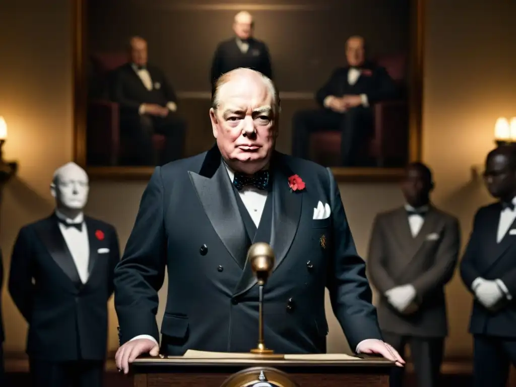 Conexión de Winston Churchill con Illuminati: Churchill dando un discurso rodeado de figuras misteriosas en una habitación sombría
