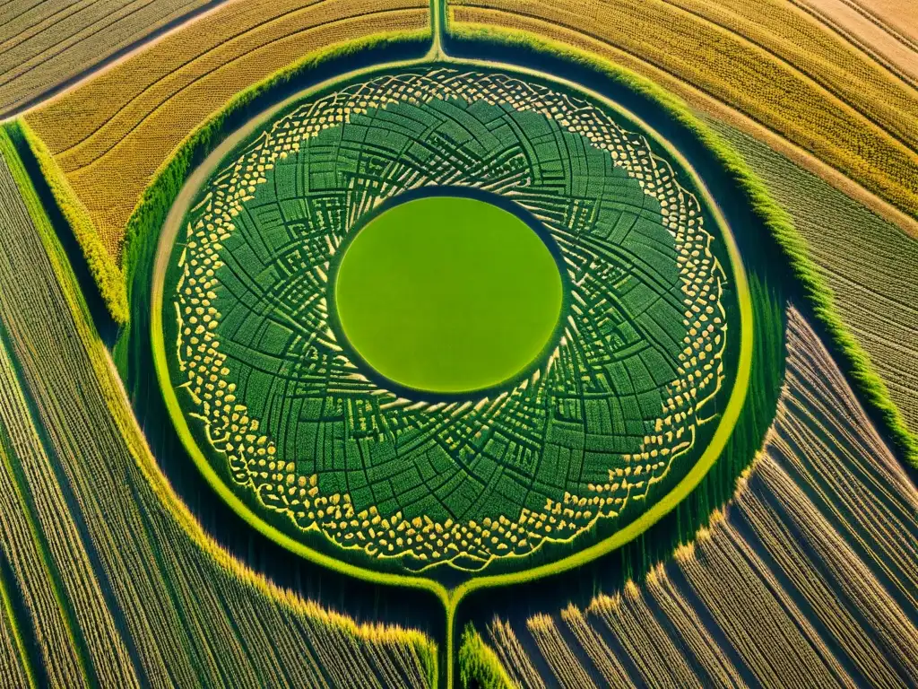 Un diseño enigmático y simétrico de un crop circle dorado en un campo de trigo, revelando el origen y significado de crop circles