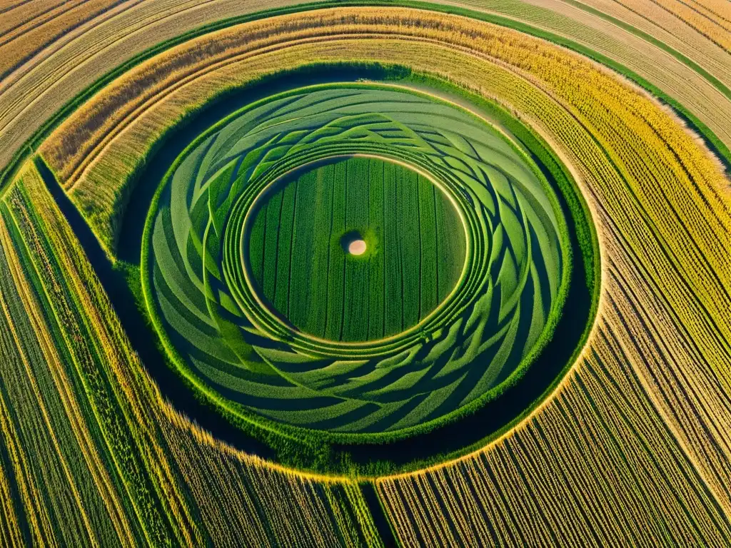 Un diseño intrincado de Crop Circles en un campo de trigo dorado bajo el sol brillante, sugiriendo un origen alienígena