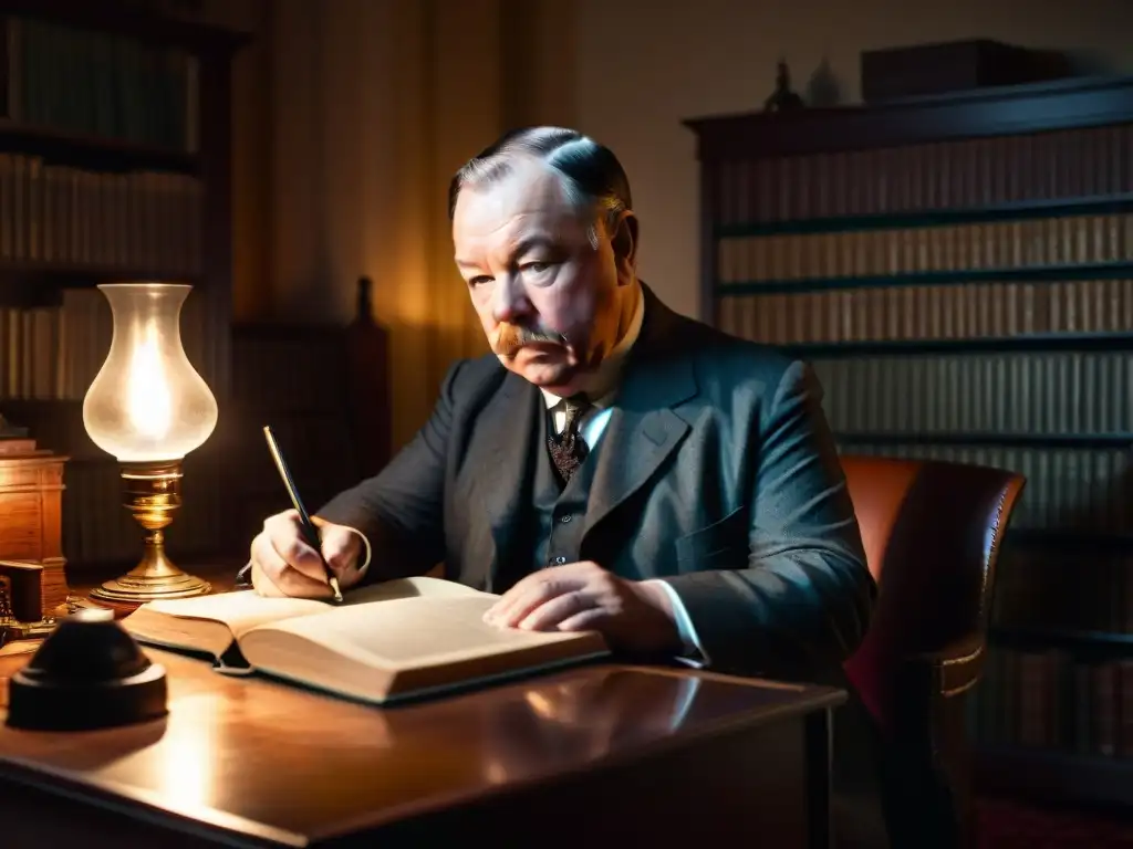 Sir Arthur Conan Doyle concentrado en su escritorio, rodeado de libros y objetos de espiritismo, con una figura fantasmal detrás