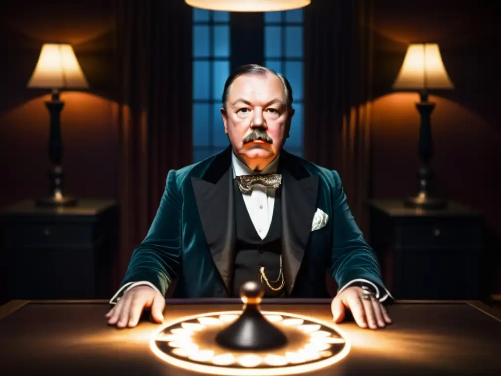 Sir Arthur Conan Doyle profundamente concentrado en una sesión espiritista, rodeado de asistentes en penumbra