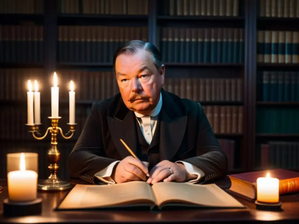 Sir Arthur Conan Doyle inmerso en el espíritu del espiritismo en su estudio, rodeado de manuscritos y libros