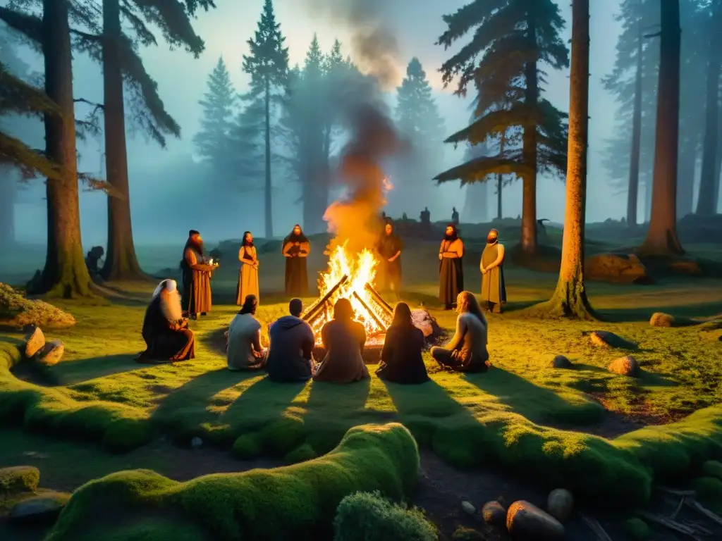 Los Druidas en la Antigüedad: Rituales místicos en un claro del bosque, entre ruinas de piedra cubiertas de musgo, bajo la luz de la luna llena