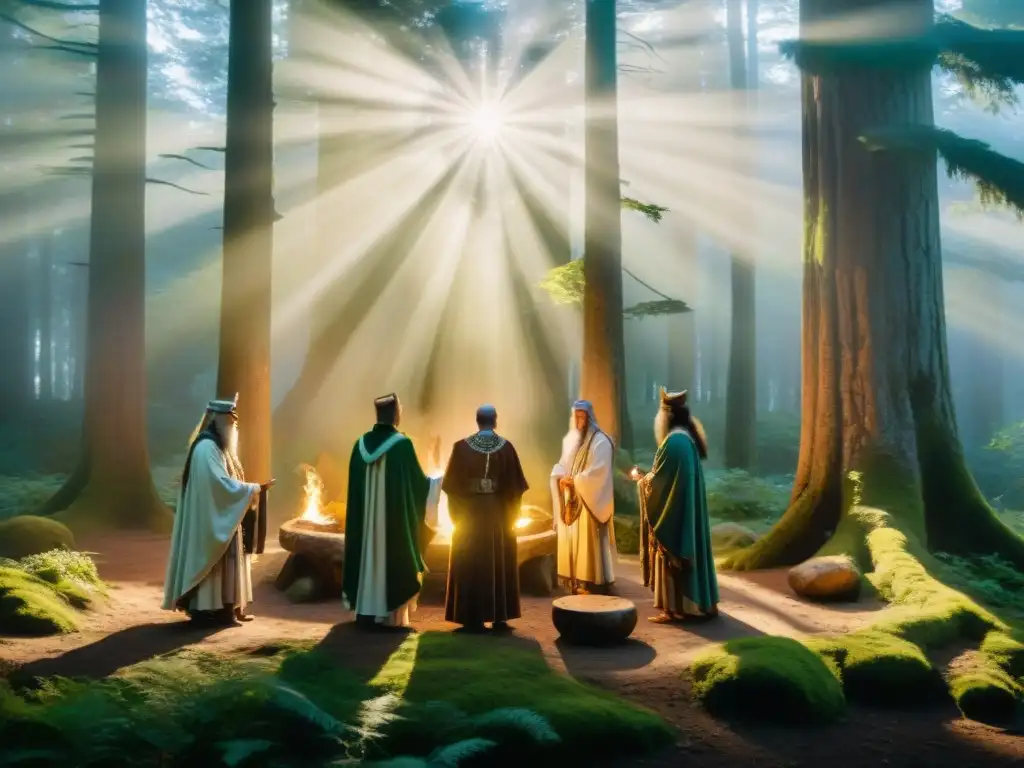 Rituales druídicos al amanecer en bosque místico Druidas en ceremonia al amanecer en bosque místico: rituales druidas esotéricos naturaleza