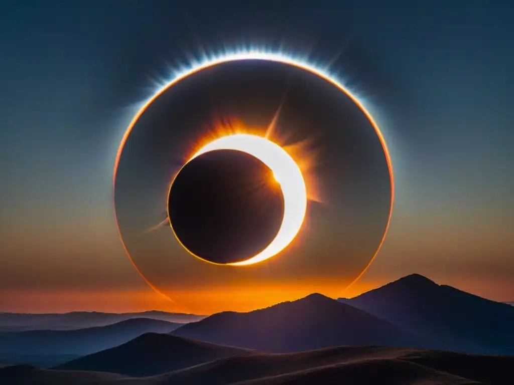 Un eclipse solar total: el sol oculto por la luna, proyectando una sombra surrealista en la Tierra