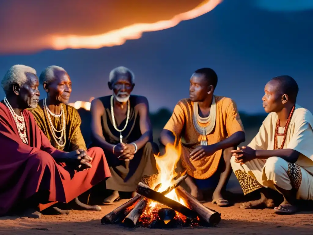 Elders africanos reunidos alrededor de fogata, iluminados por el fuego