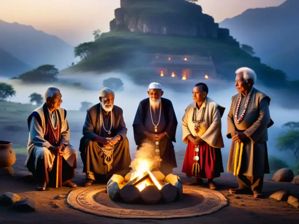 Elders de remota aldea en ritual sagrado al amanecer, con vestimenta tradicional y símbolos antiguos