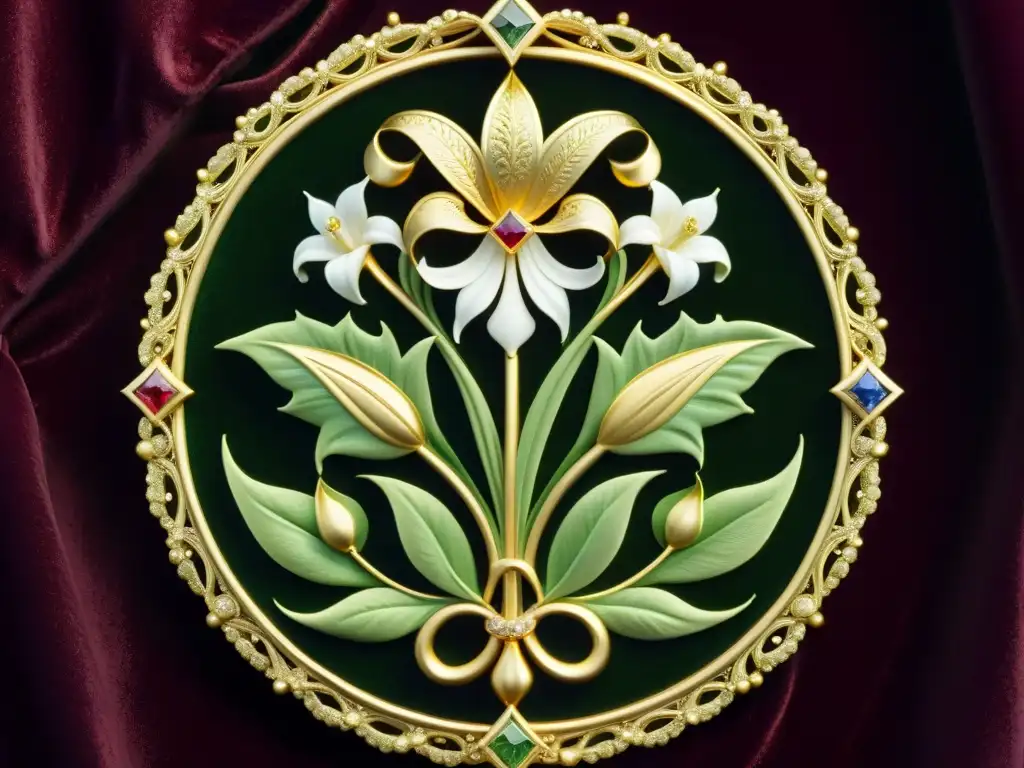 El elegante emblema de la Orden del Lirio en Francia, con filigranas doradas, lirios y gemas brillantes sobre terciopelo