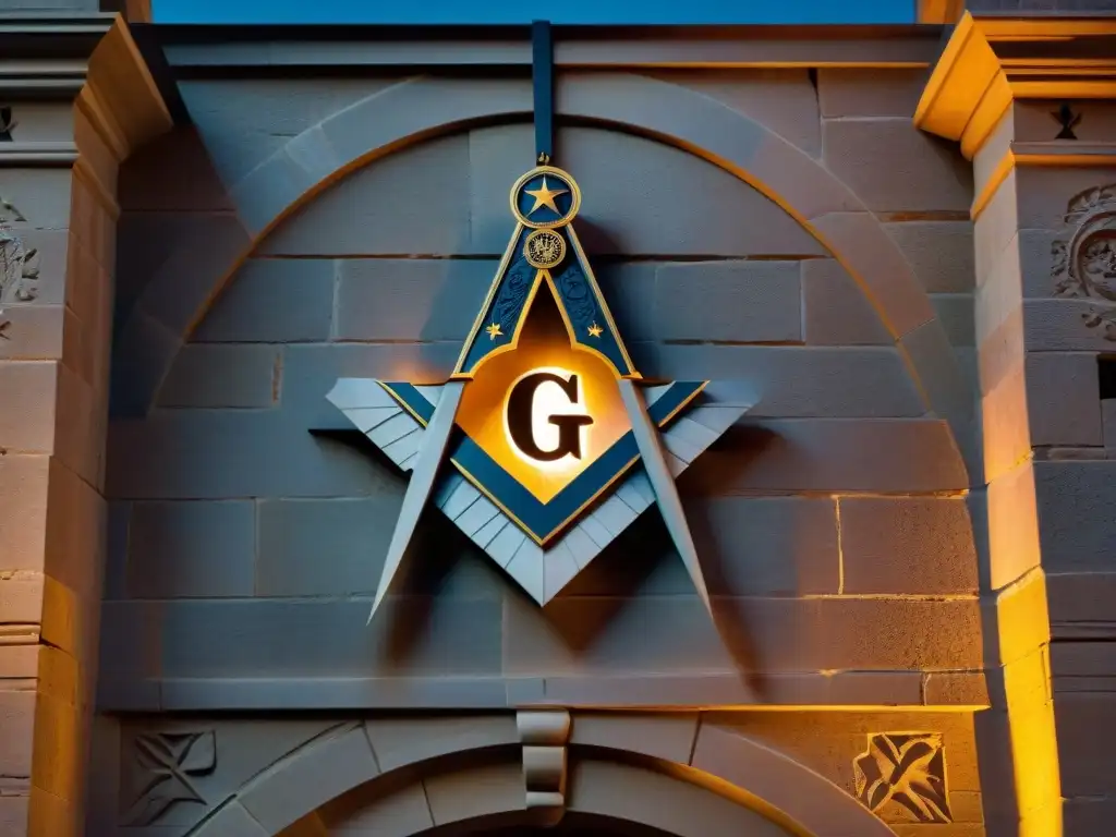 Emblema masónico iluminado en la oscuridad de un edificio antiguo Emblema masónico tallado en piedra de edificio antiguo al anochecer, evocando colecciones de sociedades secretas y cultura