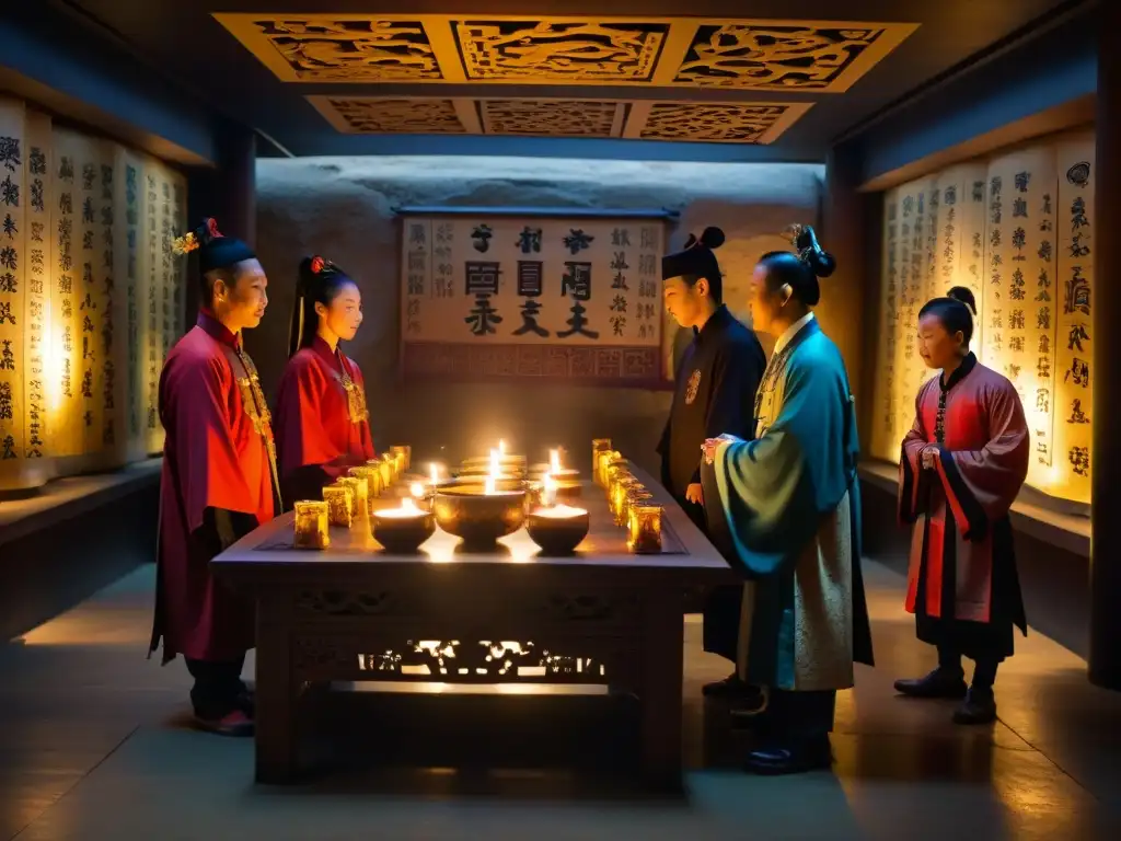 Reunión secreta en cámara subterránea: misterio y tradición china Un encuentro misterioso de sociedades secretas asiáticas en una cámara subterránea llena de artefactos antiguos y pergaminos