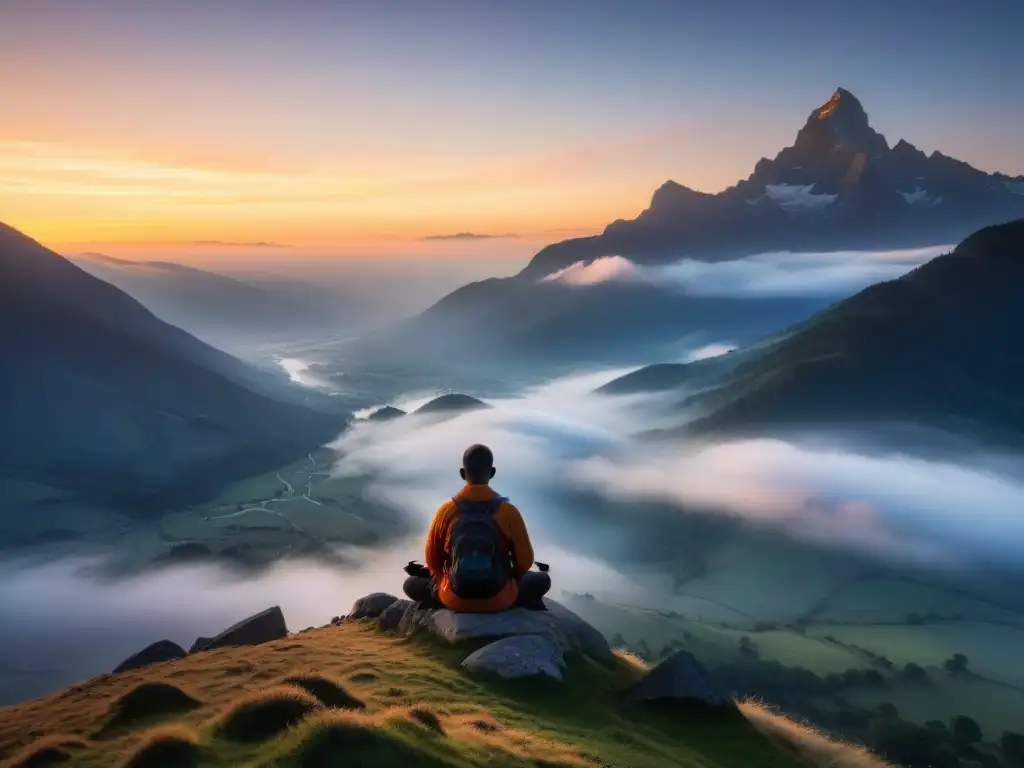 Encuentros espirituales en retiros: figura solitaria meditando al amanecer en paisaje montañoso sereno con neblina