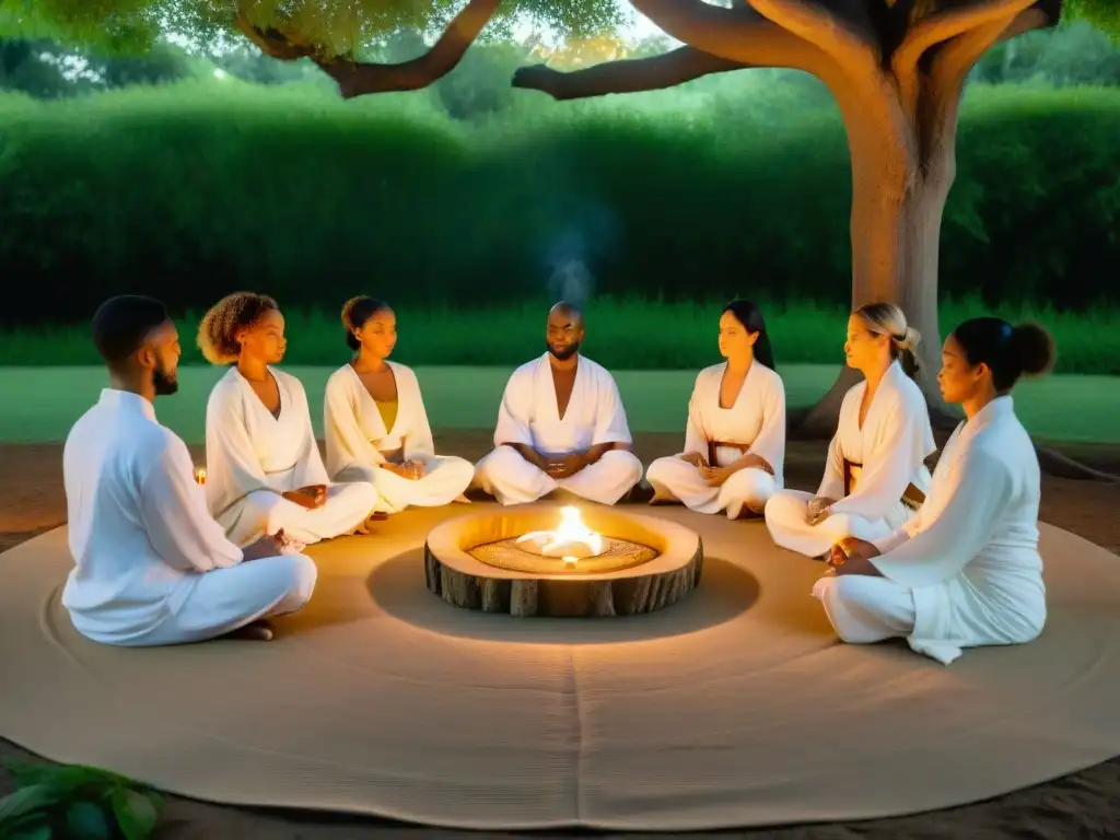 Encuentros espirituales en retiros: Grupo meditando bajo un árbol frondoso con velas y palo santo, guiados por líder espiritual en paz y armonía