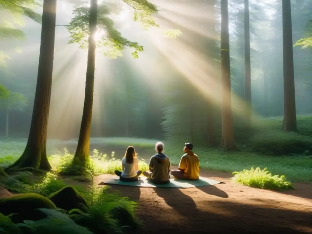 Encuentros espirituales en retiros: Grupo meditando en un claro del bosque al amanecer, rodeado de tranquilidad y belleza natural