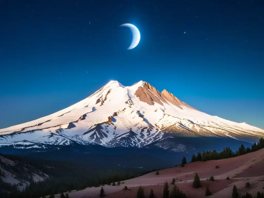 Encuentros con Seres de Otras Dimensiones en Monte Shasta: majestuosa montaña bajo un cielo estrellado y luces misteriosas bailando en la cima