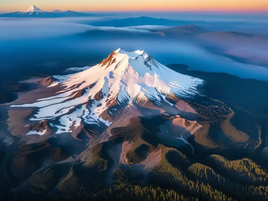 Encuentros con Seres de Otras Dimensiones en Monte Shasta: Majestuoso atardecer sobre la imponente montaña, entre nieve y bosque misterioso