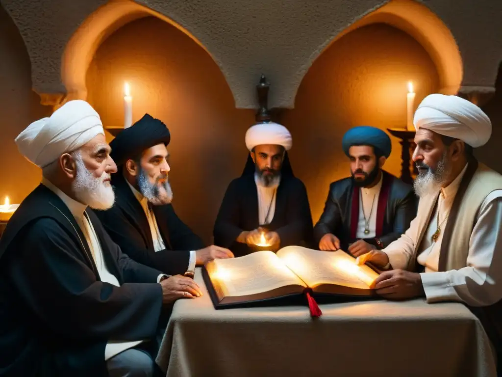 Reunión enigmática de ancianos Druze en sala decorada, con turbantes, pergaminos y velas