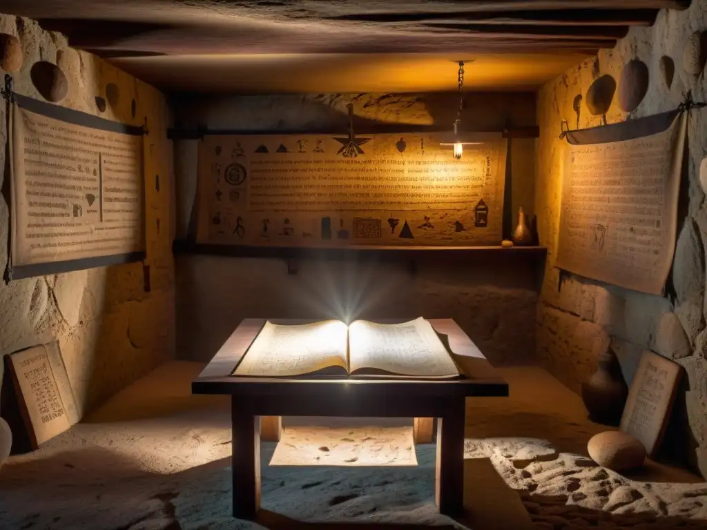 Misterios ancestrales: cámara iluminada por luz divina Enigmática cámara antigua iluminada por un rayo de luz, con símbolos y mapas antiguos