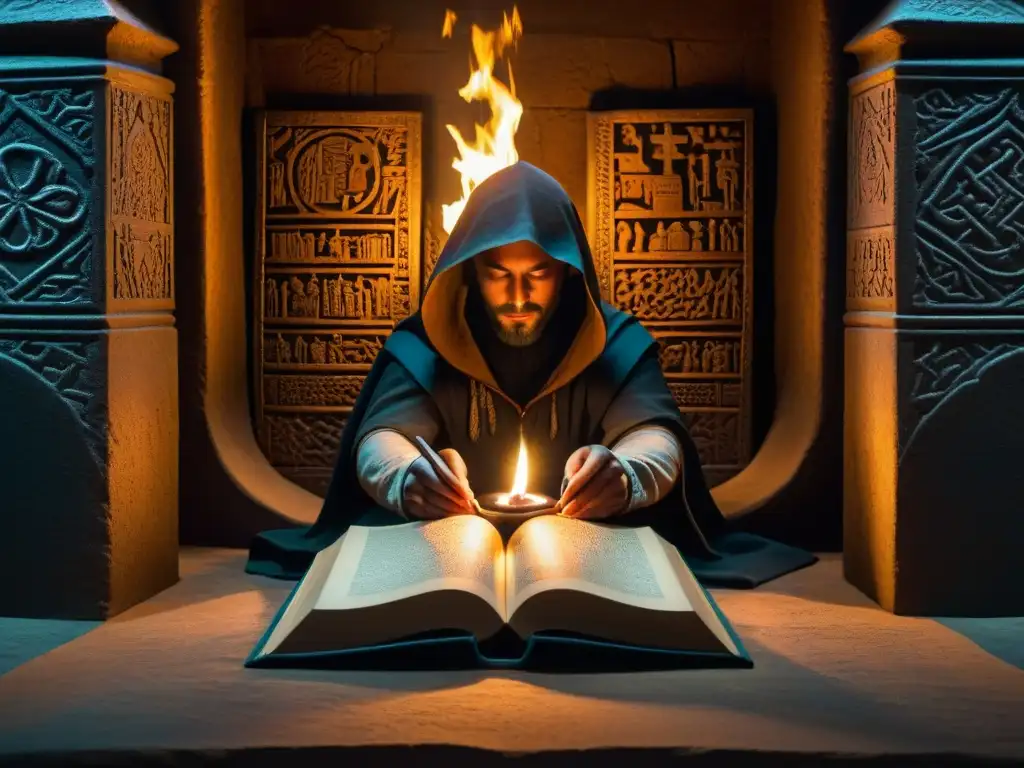 Enigmática cámara antigua con símbolos misteriosos y libro ancestral