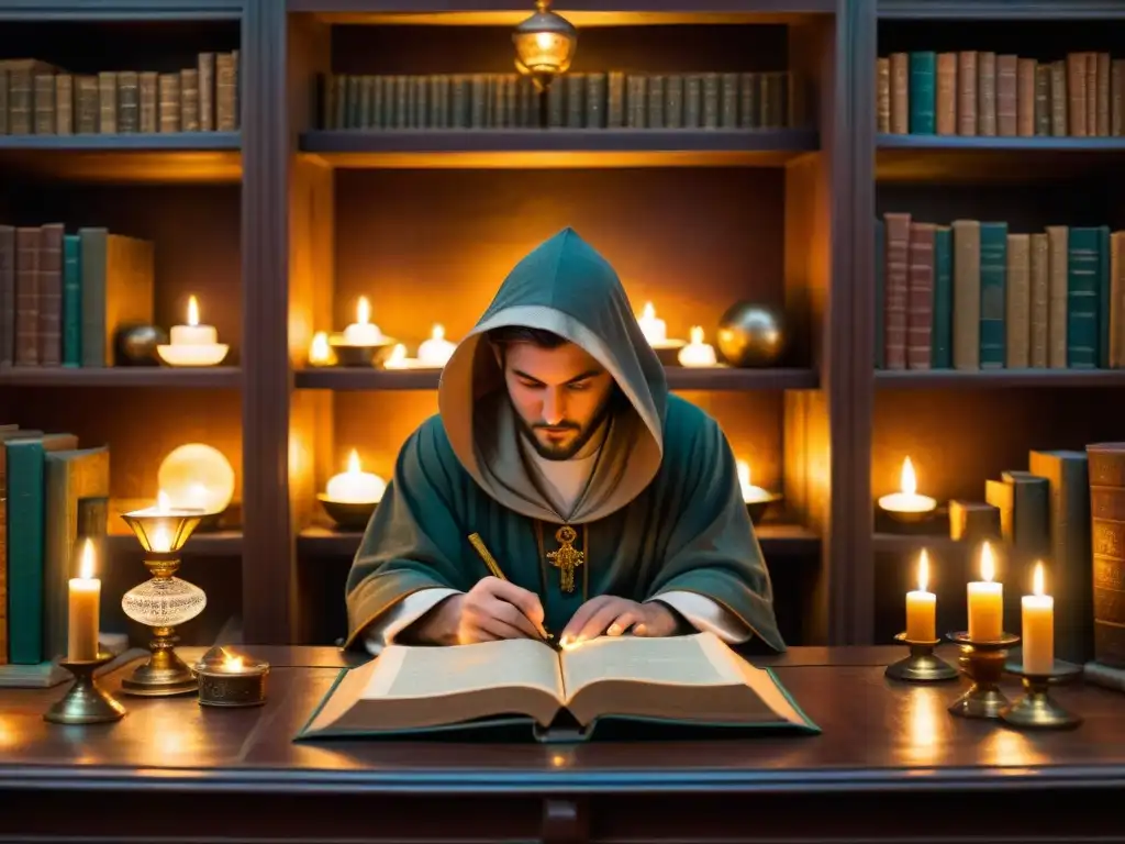 Enigmática biblioteca antigua iluminada por velas con personaje estudiando manuscrito de alquimia rodeado de artefactos simbólicos