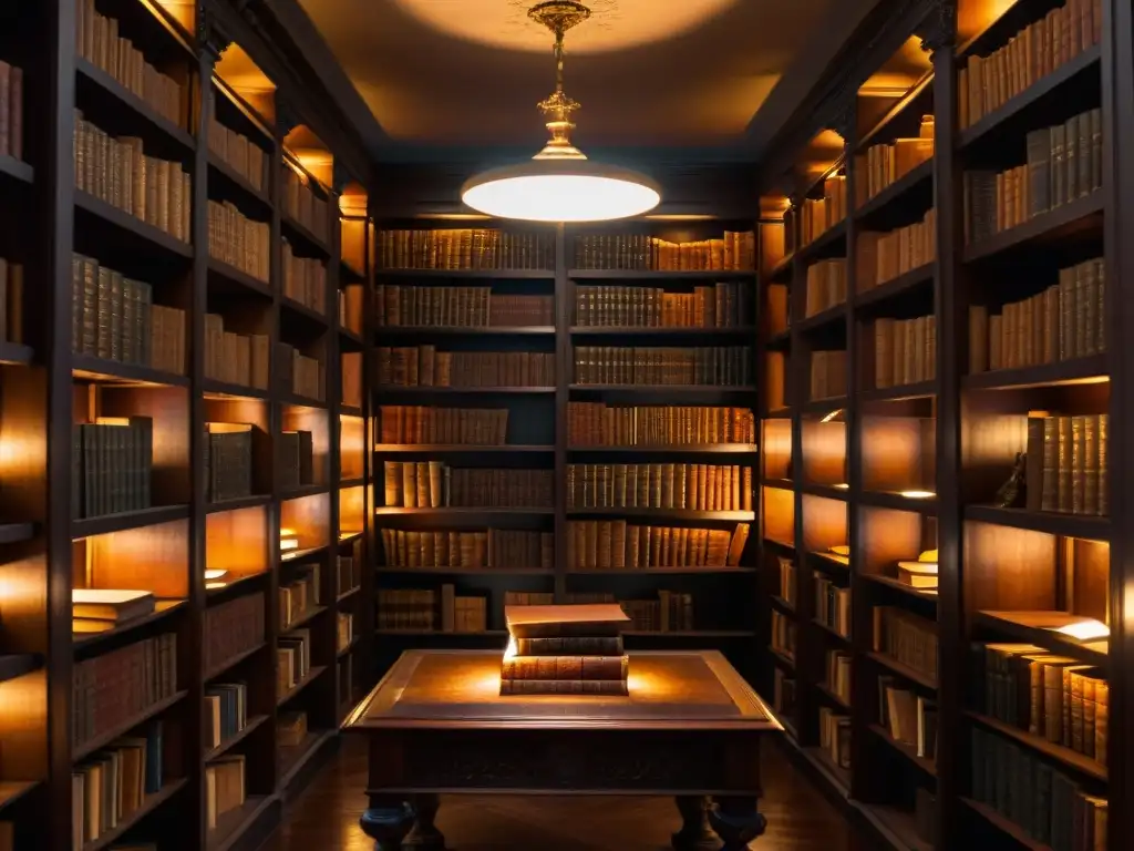 Enigmática biblioteca antigua iluminada por velas con 'El Libro de las Sombras' en el centro