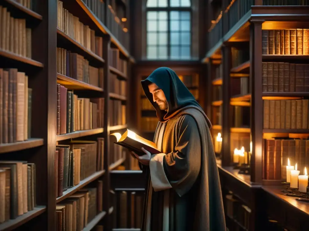 Enigmática biblioteca antigua iluminada por velas, con libros polvorientos y una figura misteriosa estudiando un manuscrito iluminado