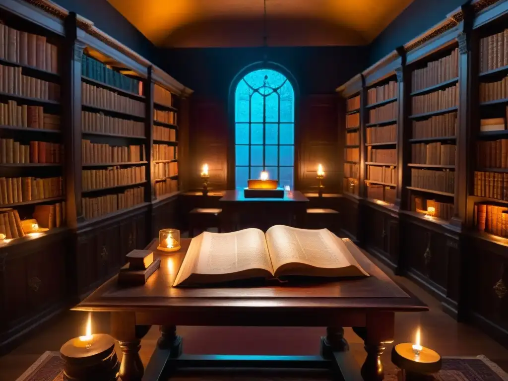 Enigmática biblioteca antigua iluminada por velas, con mapa y artefactos de sociedades secretas historia misterios